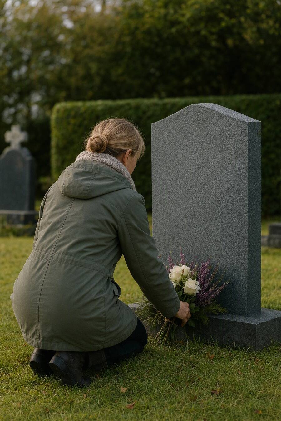 A member of our team respectfully placing fresh flowers at the base of a kept headstone