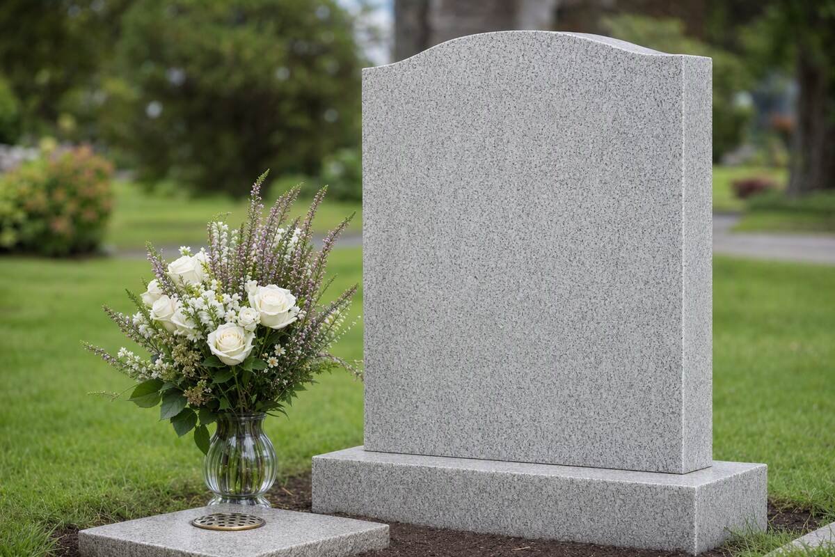 A freshly cleaned grey granite headstone with a small vase of white roses and heather