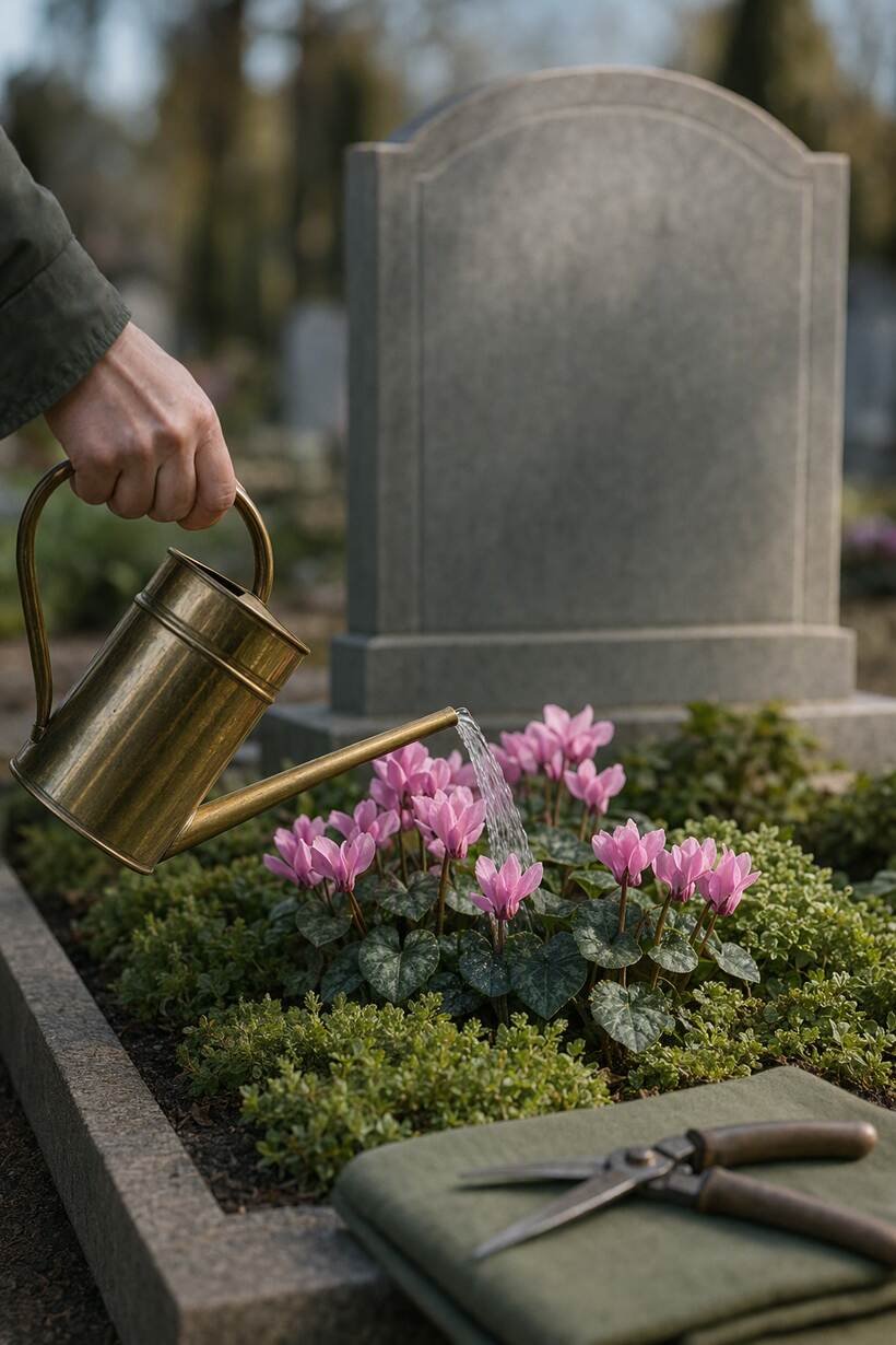 A hand gently watering pink cyclamen on a tended grave with a brass watering can, shears resting nearby