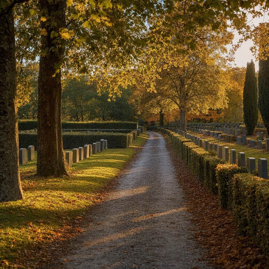 A quiet tree-lined cemetery path in warm golden-hour light