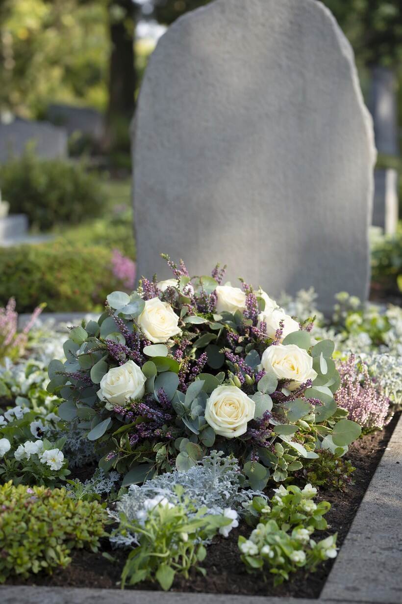 A fresh wreath of cream roses, eucalyptus and heather placed on a tidy grave
