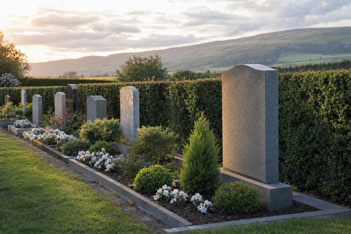 A neat row of well-kept family graves in gentle evening light