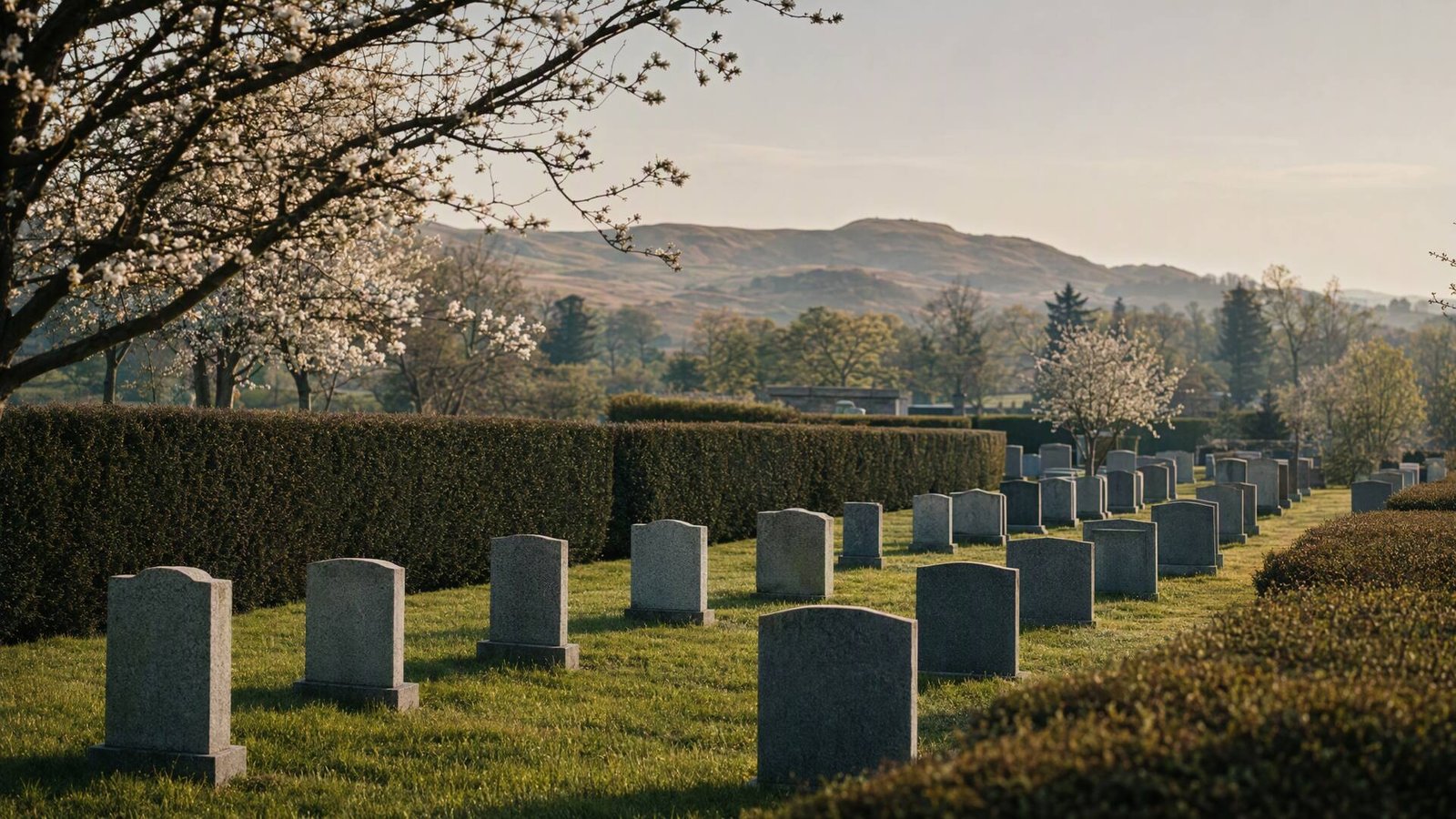 A peaceful, well-maintained cemetery in soft morning light, with neatly kept headstones, trimmed hedges and distant hills